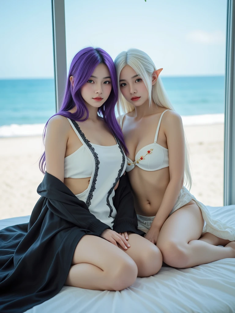 Dark Elf, 2girls, pointy ears, thighhighs, long hair, kneeling, black hair, looking at viewer, white hair