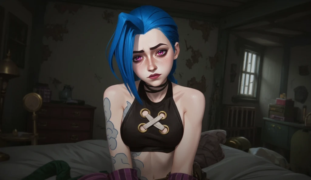 jinx, close up, blowjob, sucking dick, sucking cock, red purple eyes, Jinx weint vor der Kamera, Blaue Wolke Tattoo, (Meisterwerk, best quality), Seitliche Beleuchtung, beautiful detailed eyes, sad face), (best quality), (Meisterwerk), Magische Fotografie, Dramatische Beleuchtung, Fotorealismus, Ultra-detailliert, intimate portrait composition, Leica 50mm, Formel 1. 4,8K UHD, DSLR, aesthetic, Tsd., hight resolution, 8K, Beste Ausleuchtung, Bester Schatten, Ultra-HD, hight resolution, Scharfer Fokus, Komplizierter Hintergrund, Filmische Beleuchtung, ((Landschaftsansicht)), 4K-Einheit, (Beste Ausleuchtung), ((Filmische Beleuchtung)),