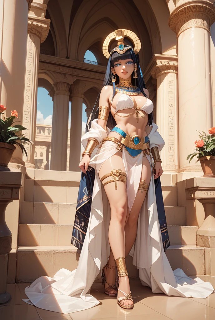 ancient egypet priestess standing spreading legs in water flowing streaming fountain, the body wet, the body perfect, sunset, pubis shaved, the hood lace, hairs very long, fullbody taned skin, super detailed, anatomically correct, masterpiece, accurate, skin textured mole, face perfect egyptian beautifull, transparent lace shirt long