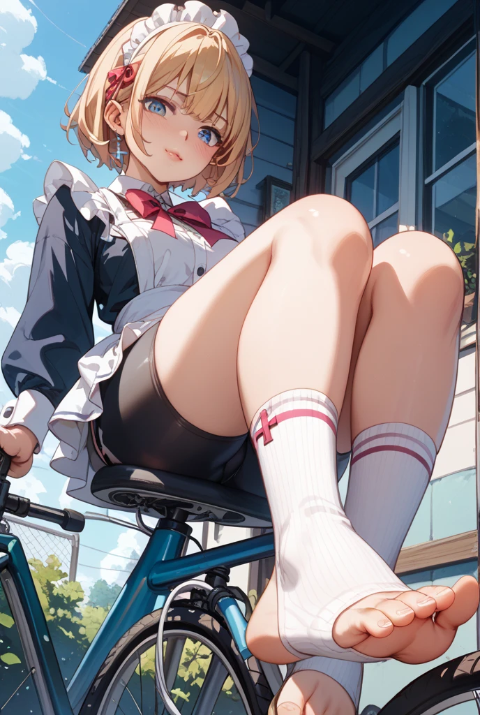 (super flat, flat shading), Honors Type, Really blushing, 17 years old, Japanese school girl, Short bob cut blonde hair, Glasses, (((sun burn dark skin))), sweaty healthy body, mesugaki smile, , bare legs, loafers, ultra realistic, early morning, squatting in crowded street,