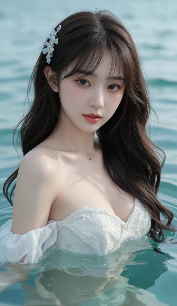 wrenchrosettebloom  ((Large Breasts)), ((D cup)), Visible cleavage，Highly detailed face and skin texture，((Bare shoulder)), Double eyelids，Skin Whitening，Long hair，Whitening long legs，Standing by the sea, Fashion Girl, Red lips, Sweet Girl, Beautiful makeup, detail, lifelike, Very detailed, Astonishing, beautiful, Young and energetic, high quality，HD, Colorful， Beautifully, Smooth skin, The skirt is very short, Official Art, Extremely detailed, Movie atmosphere, Soft colors, Natural skin texture, Random scene, random shooting Angle, Black over-the-knee socks, lace hem