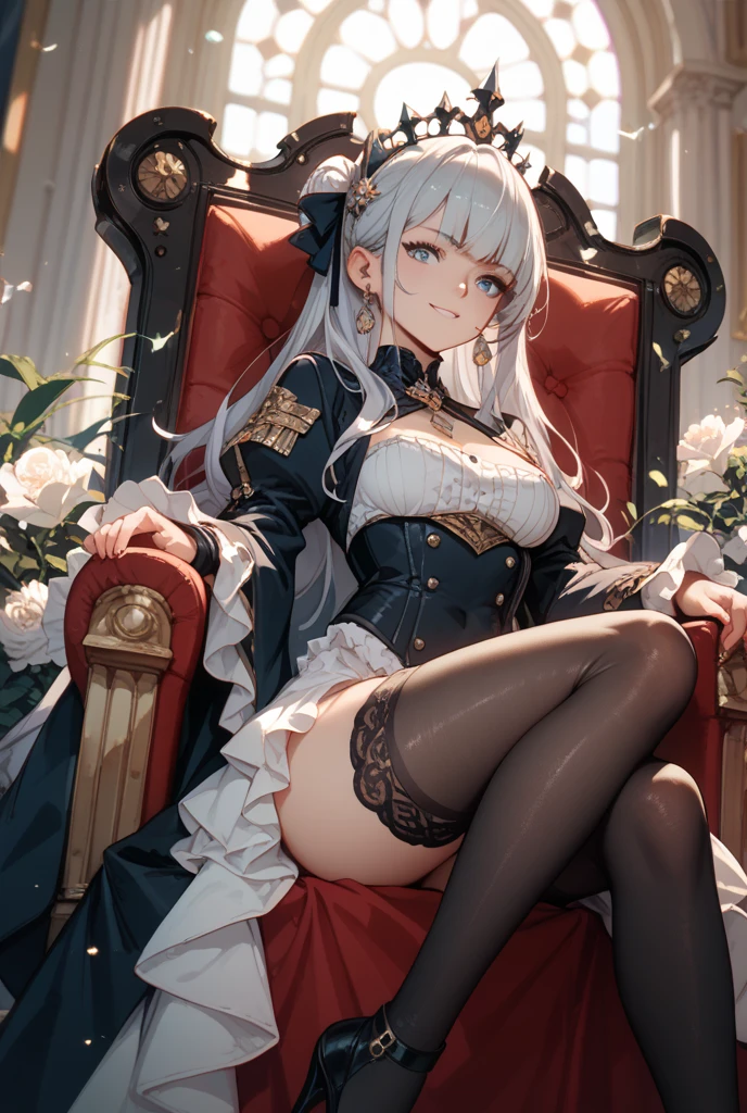 (Masterpiece:1.2), best quality, (illustration:1.2), (ultra-detailed), hyper details, (delicate detailed),(focus on panties), black lace panties,slightly spread legs,lace stockings, perky, (intricate details), (cinematic light, best quality Backlights), clear line, from below, solo female, perfect body, (1girl), white hair, glowing yellow eyes, (emperor, black see-through clothes),(crown:1.1), sitting on Throne, slightly close eyes, looking downward, turn head, ( shy:1.2), ((makeup)), high contrast, (best illumination, an extremely delicate and beautiful), ((cinematic light)), colorful,