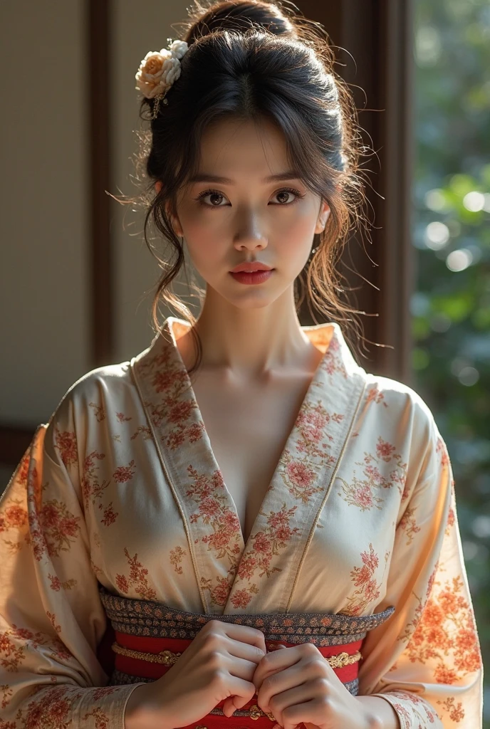 An elegantly dressed Japanese woman in natural light、A close-up of her chest and calm expression.、It shows her inner peace and outer charm.。