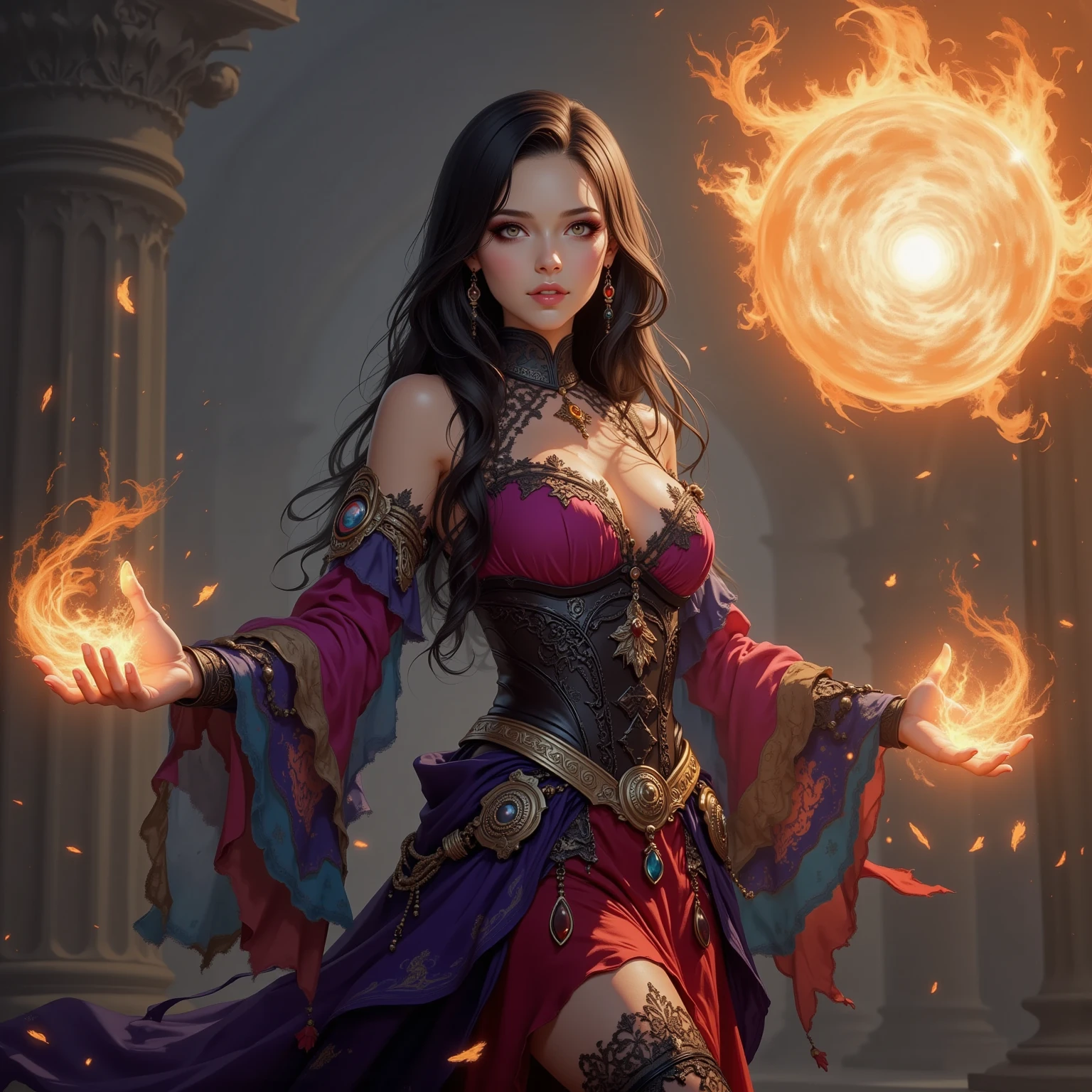portrait of a primal sorceress(mature:1.4), (undercut:1.3, short black ponytail), [masculine:feminine:0.6], bright eyes, white eyes, [confident|bored], red eyeshadow, lipstick, flat chest, blue criss-cross halter, (mandala henna arm tattoo:1.1), gold circlet, long red layered skirt, belt pouch, casting spell, crackling electricity, lightning, storming background