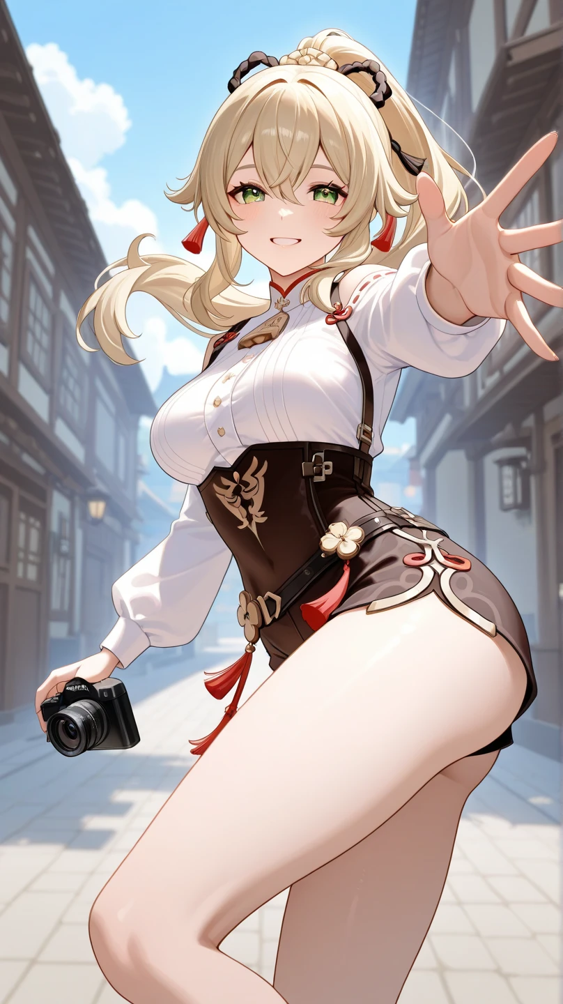 1girl in ,((santa costume)),tits out, wide open cleavage,(( Character Play)),((Street)) , natta、 (Blonde shortcuts),((looking to camera)), High resolution,Highly detailed, looking to camera,appearance々Posing, Stick your ass out、Angle from behind