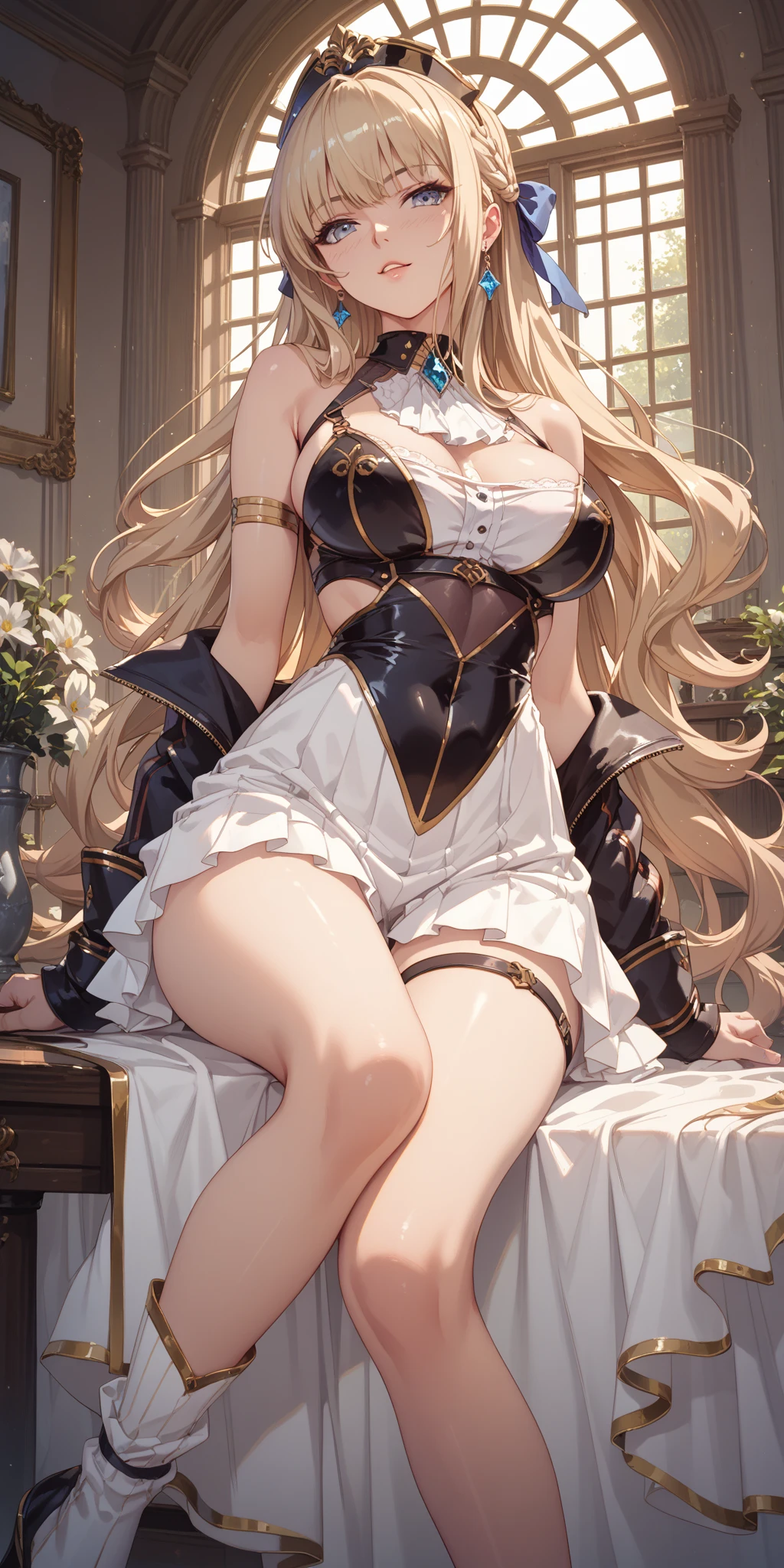masterpiece:1.4,best-quality,Super Detail,Very Delicate and Beautiful, ((( nsfw, royal woman with spread legs, pussy, vagina, cum, orgasming, garter belt, garter stocking ))), blonde hair, very gigantic breasts, cleavage, very slender, off-shoulder, perfect face, beautiful eyes, sitting