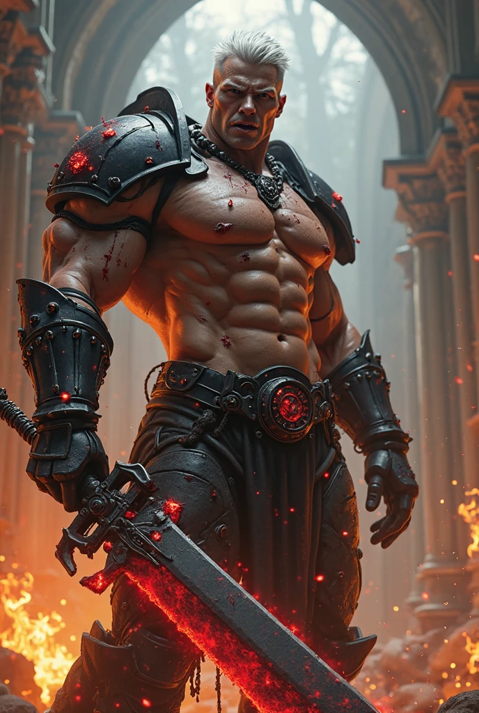

"Desenhe Thoran Firebrand, an imposing and fierce warrior. He's muscular and robust, exuding an intimidating presence. Thoran holds a heavy battle axe, with blades that seem to glow with heat. His body is marked by scars from past battles, and he channels the red element, representing fire, that envelops his hands and the axe in intense flames. His expression is one of fierce determination, as he prepares to incinerate his enemies with a powerful blow. The armor he wears is dark and tough, with details reminiscent of burning embers. The background should suggest a battlefield or a fire-ravaged landscape., further highlighting Thoran&#39;s destructive power."

