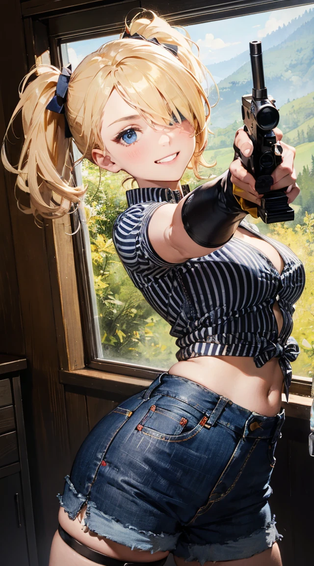 indoors, mansion, re5jill, baseball cap, boots, fingerless gloves, blonde hair, jillvalentine, <lora:jill_valentine_re5:1>, 1girl, cleavage, white jeans, blue jacket