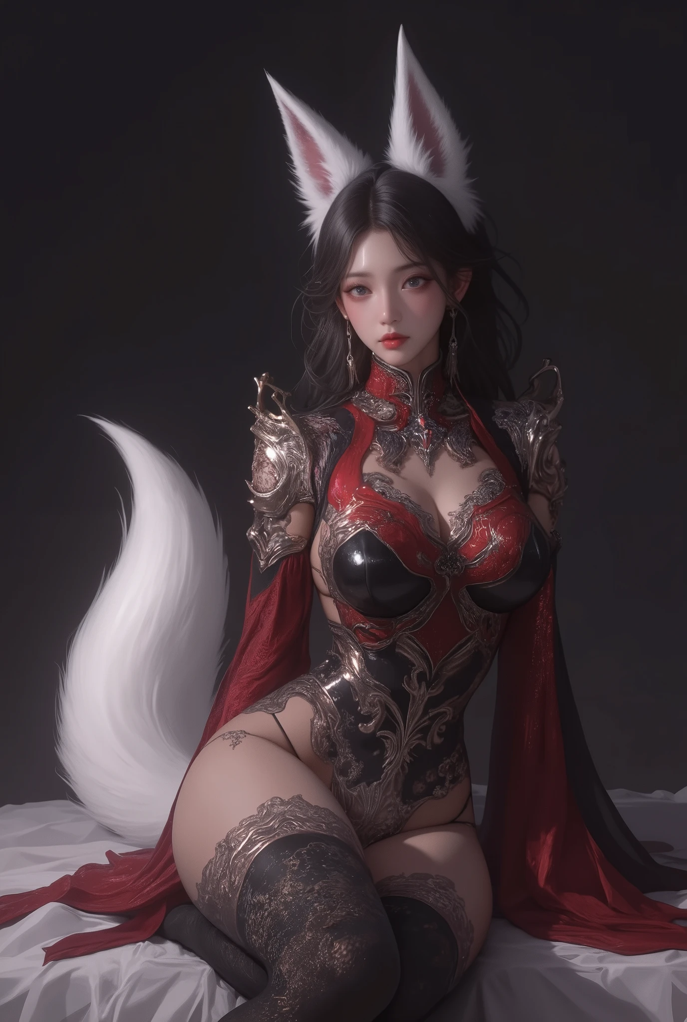 sexy asian woman in red dress posing with white fur, ahri, ahri from league of legends, gorgeous chinese model, full body xianxia, very beautiful cute catgirl, portrait of ahri, attractive cat girl, beautiful young catgirl, trending at cgstation, trending on cgstation, mai shiranui, yoko matsugane as mai shiranui