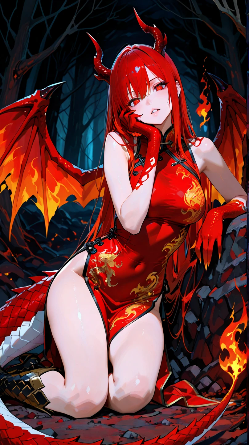 (Best quality,4K,8 k,A high resolution,masterpiece:1.2), blood flows from the vagina , ultra detailed, realistic, naked sexy dragon woman with red and white glittering scales, long fiery red hair with white streaks, very playful but mischievous smile, naked, nude, Detailed crotch, blood flows from the vagina, Detailed vulva, detailed pussy, sexy pose, spread your legs, spread the labia, playful, Two-tone eyes, heterochromia, lustful
