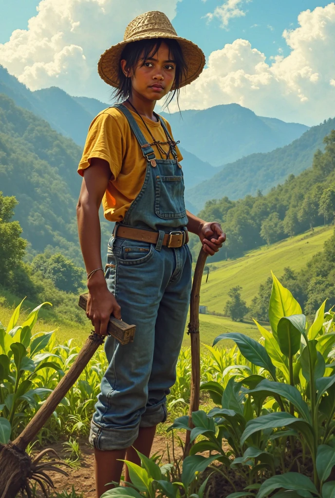 Ultra Realistic, masterpiece, high definition, highly detailed, 8K, a cute Indonesian girl , a 8 year old girl, highly detailed face, fair and glossy skin, highly detailed body, wearing farmer outfits, wearing strawhat, holding farming equipment, resembling a rural farmer, looking at the viewer, She's working on a paddy field , full body view, proper paddy field in sunset at the background, perfect background. Bulls are working in the farm, sunset, Indonesia, bali fields,greenary