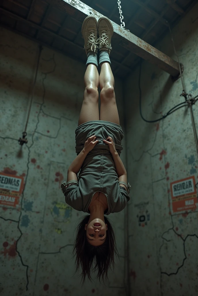 A white girl tied up. With ropes and in bikini. In her face we can see she is really unconfortable and she is sufrering tryna escape. She is also showing her tied up toes to the camera. She cant move because si tied up with ropes. She is also suspended in the air. She has no free arms or legs to move because she is tied up.
She has one arm tied up in to the top corner left and other in the right hanging her body. She has nowhere to sit or put on her ass. She is with her arms tied up together in her back. She is hanginh in the air with nowhere to put her ass on
She is wearing a choker like she is a dog