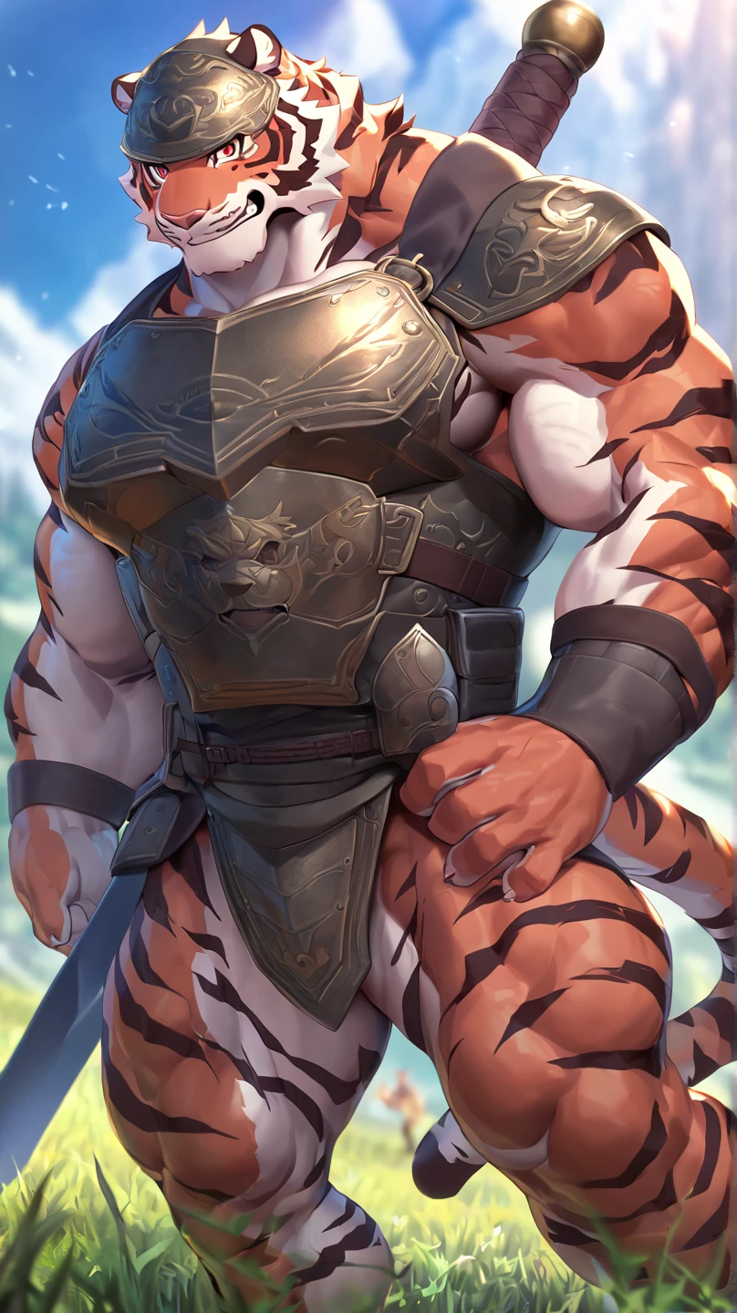 perfect anatomy, (ultra deTailed), sharp focus, Eye, brown lizard Eye, hairy, light white fur, There are brownish-red hairs on the head, Brownish-red beard, human nature (tiger), male, middle aged, Tachibana main body, white belly, Tail,black eyebrows,Muscular and big, big man,bare breasts,knight clothing, red cherry long cloak, character design sheet,ultra deTailed face, depth of field, motion blur, high deTails, high quality, Award-winning, HD, 16K, (best quality,4K,8K,High resolution,masterpiece:1.2),ultra-deTailed,actual:1.37,HDR,UHD,studio lighting,extreme deTail description,professional,bright colors, ((masterpiece)), (((best quality))),(character design sheet, same characters, front, side, Back), illustration, environmental change scenarios, Chatongbetalora, (simple Background, white Background: 1.3) information,character design sheet,背面front侧面描绘
