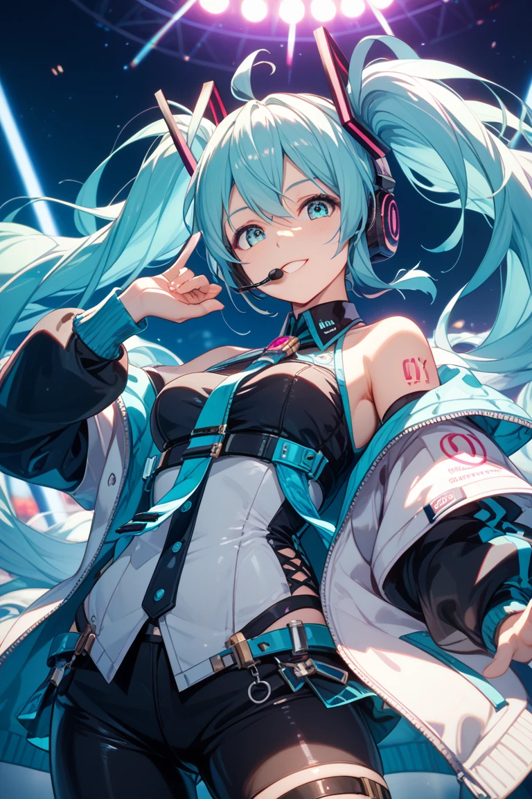 (best quality,ultra-detalhado),(anime,illustration),(cores brilhantes,comiс style,cartunesco),(personagem feminina:1.1),cabelos longos,roupa elegante,belos olhos detalhados,playful expression,sorriso bonito,fone de ouvido nas orelhas, dynamic pose, fundo colorido, vivid illumination