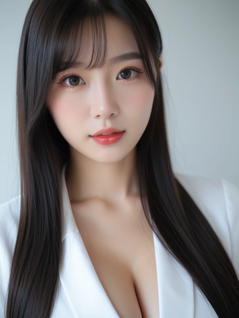 high quality, super quality, (detailed face:1.2) ,beautiful woman , golden eyes, long hair , (business suits :1.4) , sharpe eyebrow , beautiful bangs are covering her eyes , (huge breast:1.4)