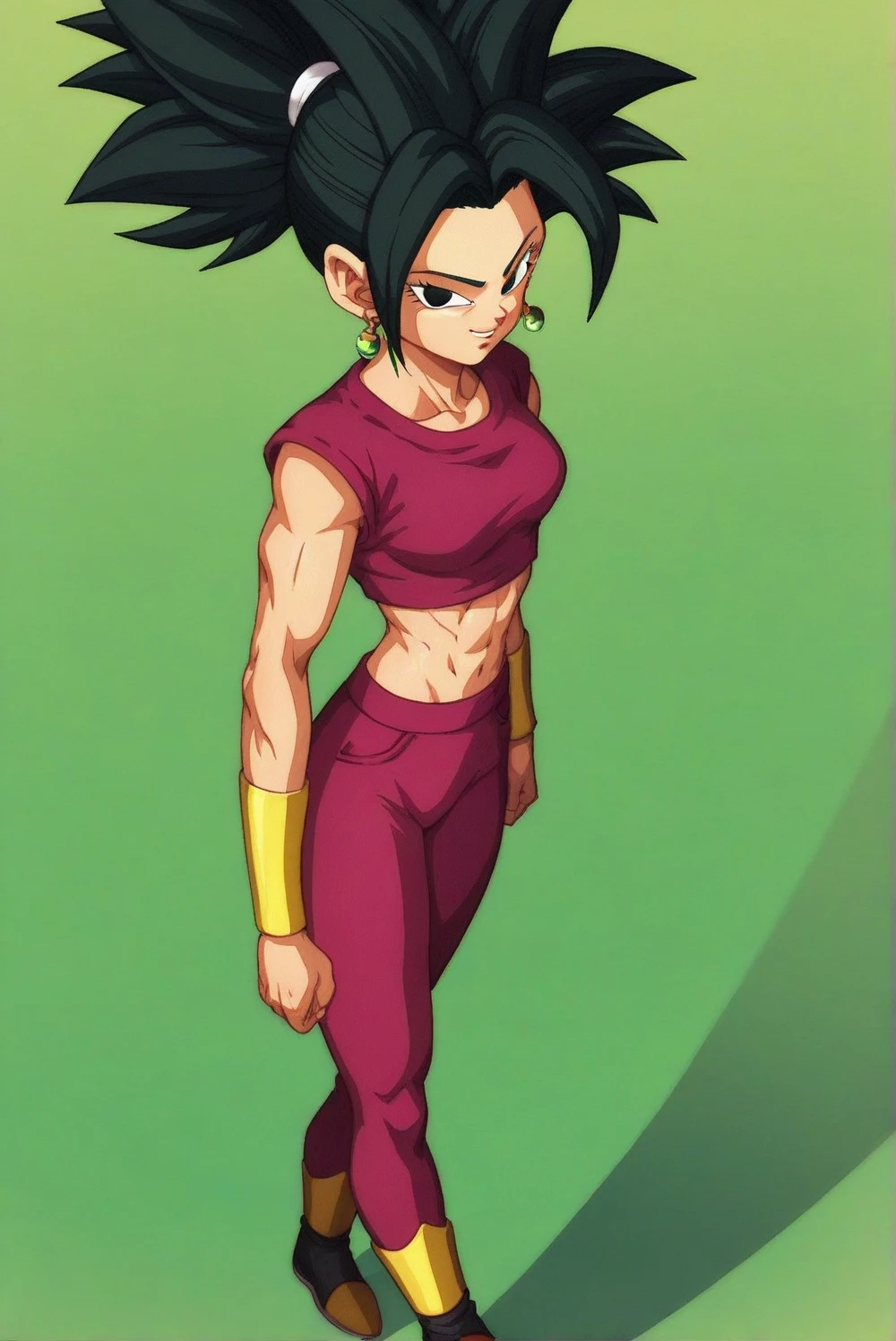 masterpiece, kefladb, 1girl, solo, breasts, looking at viewer, red crop top, slim, one foot raised, from side, black hair, navel, potara earrings, closed mouth, standing, collarbone, full body, red tight pants, boots, midriff, tight pants, black eyes, crop top, spiked hair, step_pose, arm at side, hand on thigh, dark cloud, clenched hand, bracer, looking to the side, mountain, green sky, no pupils, v-shaped eyebrows, yellow footwear, yellow armwear, short sleeves, white scrunchie, small_breasts <lora:kefla:0.8>