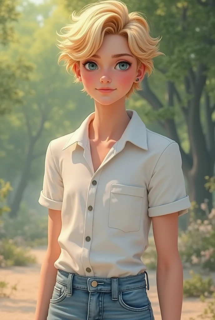 (masterpiece, top quality, best quality, official art, beautiful and aesthetic:1.3,photorealistic:1.6),  cute:1.5,  <lora:more_details:0.5>,( solo:1.3), 1girl:1.3, beautiful face:1.3, close up,
emma, neverland,  <lora:Emma:0.6>, 1girl, solo, emma, neverland, 1girl, solo, looking at viewer, smiling, short hair, shirt, long sleeves, green eyes, white shirt, upper body, ahoge, outdoors, collared shirt, orange hair, innocent laugh,
 <lora:squeezerExperimental_:1>,slim, slender, arms behind bag, forest, feminine,