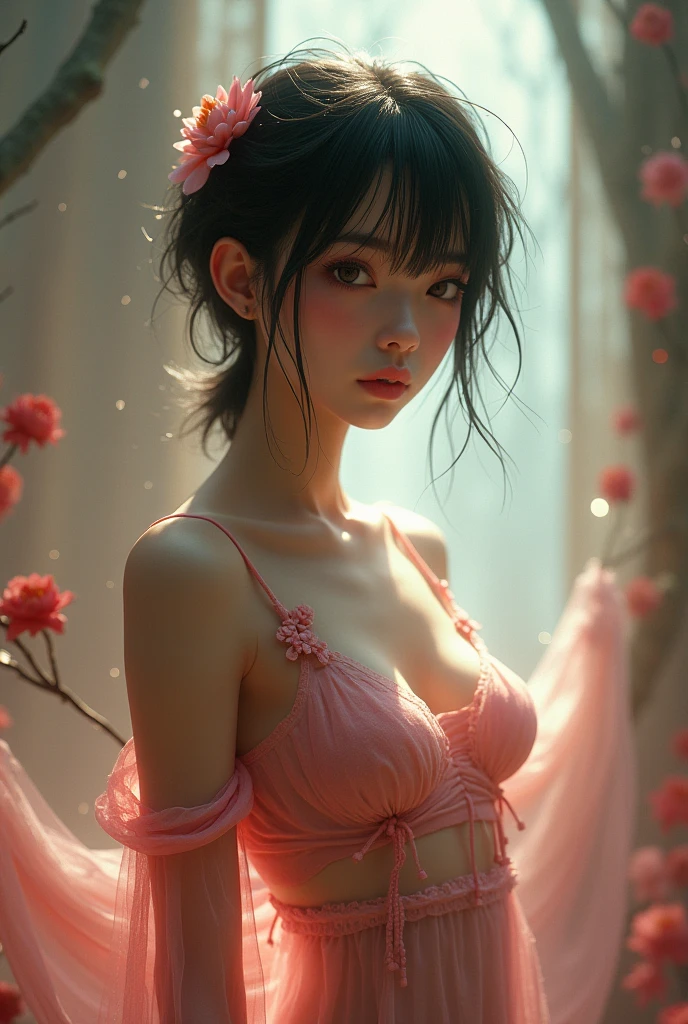Gentle and charming Chinese beautiful woman, half-length photo, delicate and sexy collarbone, charming oval face, double eyelids, vivid peach blossom eyes, pink lips, small nose, bare shoulders, focused face, face close-up, ultra-high-definition, Super details, elegant standing posture, ultra-thin light-transmitting wet yarn