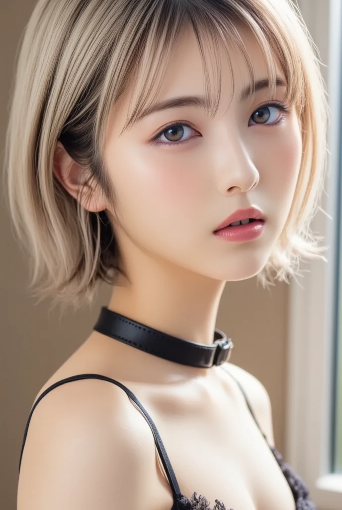 ((wallpaper 8k)), ((surreal)), ((Quality with attention to detail:1.2)), 1 girl, １４talent、kind eyes、plump lips、Ash gray hair、An ennui look、(((small breasts、small breasts、areola:1.1、nipple)))、black classy dress,Black capelet, look up, Widespread poverty, short cut hair、short hair twintails、Ash gray hair:1.5、white skin、