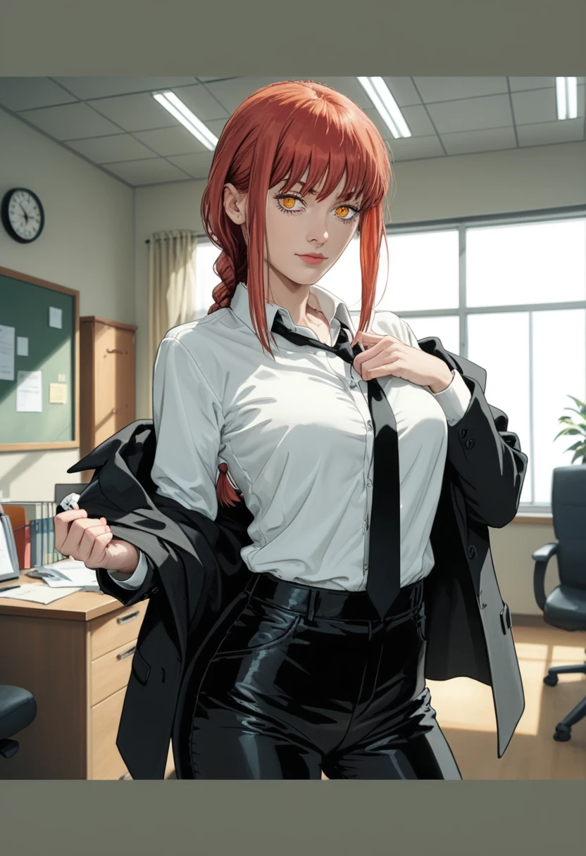 makima from chainsawman, yellow vivid eyes, wearing her iconic white long sleeve, wearing black dark business pants, hair braided, standing, office setting, cleavage, big breasts, open shirt, bra showing