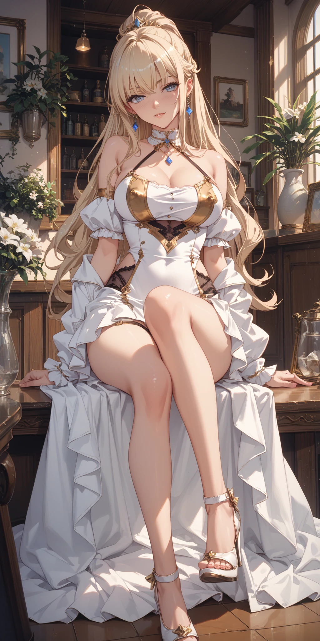 masutepiece, Best Quality, the Extremely Detailed CG Unity 8K Wallpapers, Sexy Priest Cosplay, Long dark blonde wavy hair、White Lace Dress, (Long flared skirt), Medium milk, Puffy nipple、Blushing, Shy laughter, Bare shoulders、sexy hips、Sexy black underwear、Black High Heels、The Bible and the Staff、Church of the castle、sexy pose、(lean forward to emphasize the chest)