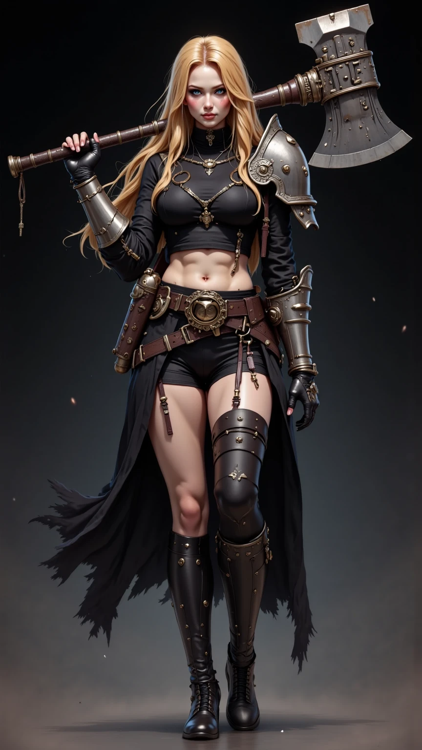 ((melhor qualidade)), ((obra de arte)), (detalhado), Female warrior, half naked, short black hair, scar left eye, bronze skin, red lips, amber eyes, muscular, wide hips, large breasts, holding a giant sword, ragged red shoulder cape, arm sleeves, belt on legs, right steel plate gauntlet, steel boots, bottomless, long leather socks, full body view
