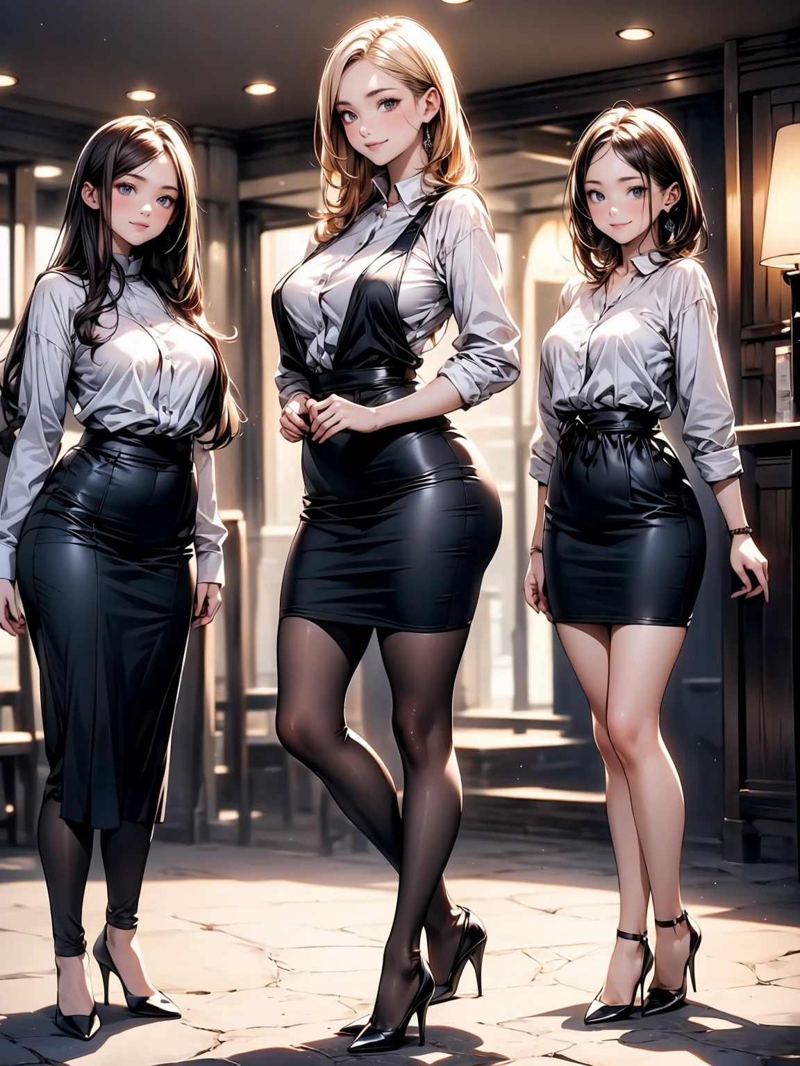 (masterpiece:1.3),(best quality, highest quality),((Full Body Shot,Including face)),1girl,Standing position,4K,masterpiece,((Focus on the face)),((Symmetrical facial features)),Beautiful woman,slender,((High heels,Patterned stockings with straps)),Detailed depiction of the face,locker room,Cafe clerk uniform,Realistic,Profile during break
