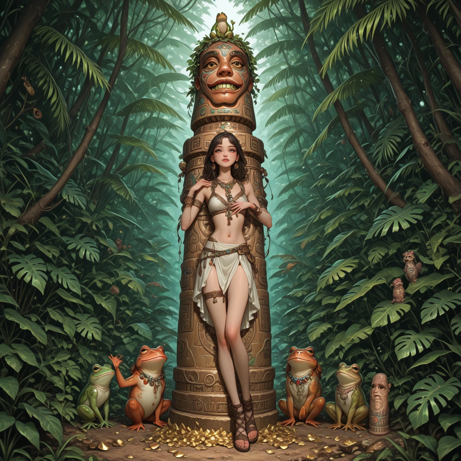 A cute woman with straight brown medium hair and a calm hazel eyes, wearing a green and brown short dress with her silver emerald crown, holding her scythe inside the earth kingdom with her pet orangutan and gorilla.
