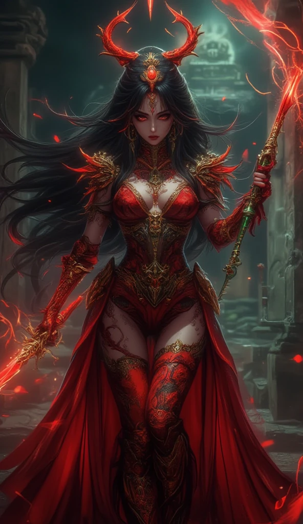 young sorceress with short brown hair, her left eye being white, and the right being fully black, with white scars covering her face and neck in a fantasy setting, red magic clouds swirling around her as she gazes downward --auto --s2