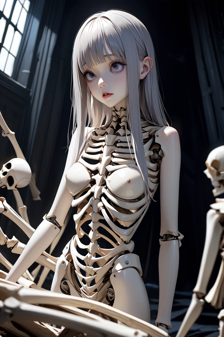 ribs, skeleton, solo, bone, spine, glowing, horns, sitting, on bed, hand on own head, white hair, bed sheet, glowing eyes, joints, nude, from side, bed, 1girl, pillow, short hair, male focus, skinny, red eyes, 1boy, colored skin, pink eyes, ass, mechanical parts, hand between legs, looking at viewer, teeth, skull, full body, between legs, barefoot, 1other, dark, hand up, parted lips, robot joints, open mouth, lying, hand on own face, blood, arm up, medium hair, smile, completely nude, black background, glowing eye
