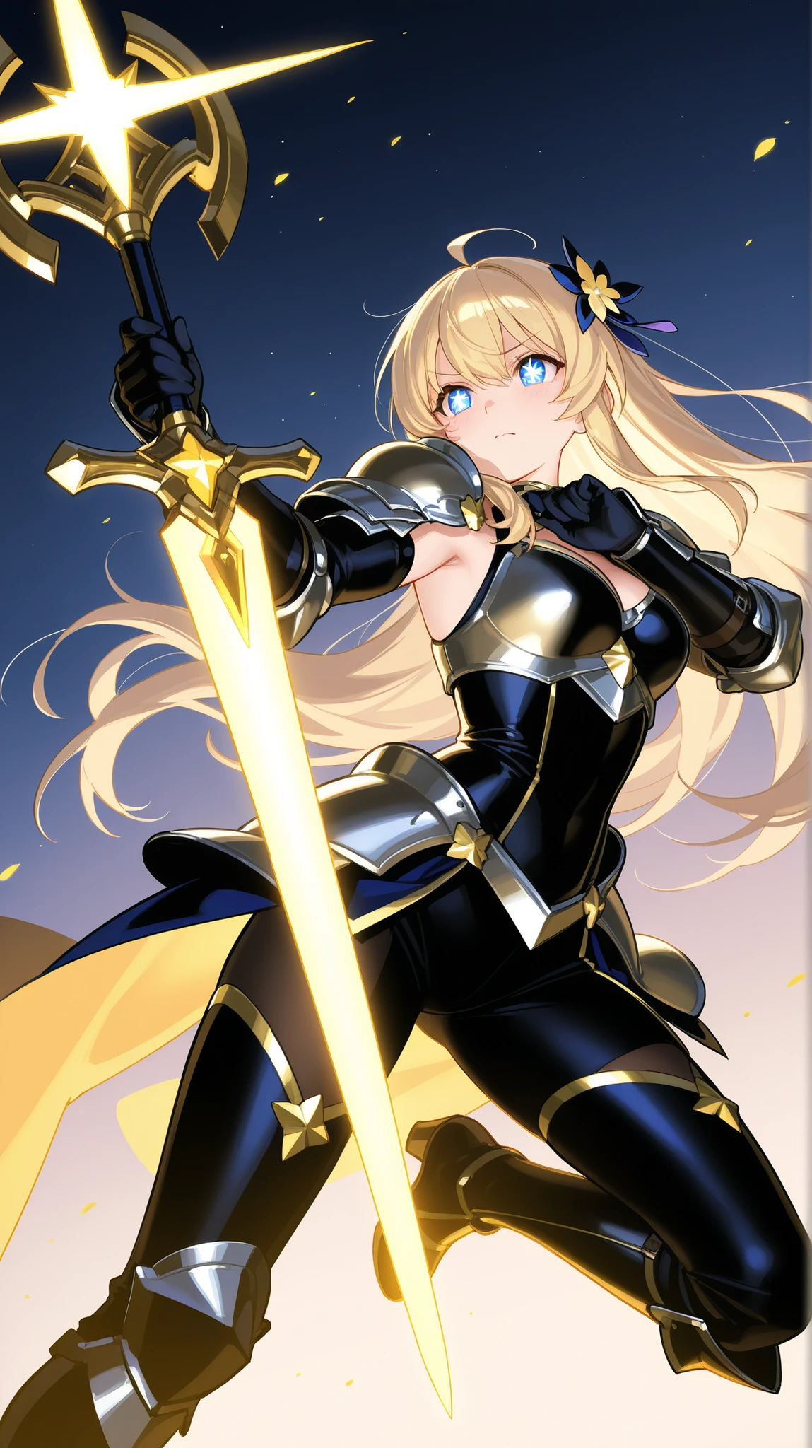 1 girl, ultra long hair, ultra detailed face, glowing lips, glowing blue eyes, very long ponytail, elegant walk, catwalk, holding down a  giant katana, blonde, long eyelashes, long boots , looking to the sky, starry sky, a ultra giant katana 