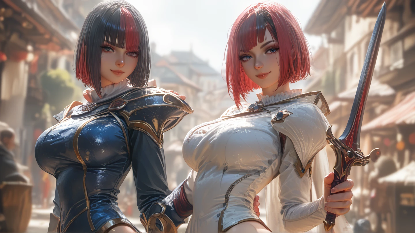 (Triplets) (chest covered) (smile) Gray skin, pale golden hair and violet eyes. They prefer clothing of white and silver with cloaks of deep blue or purple, village background, huge knockers, ((very precise detailed)) ((high res)
