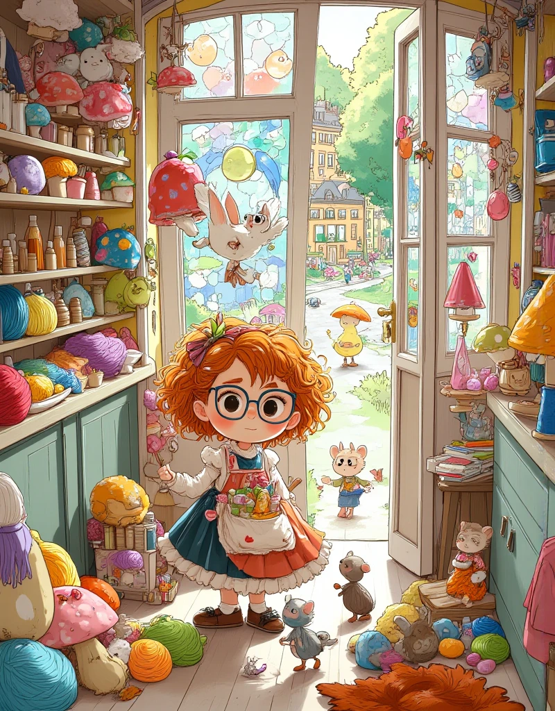 A classic children's book illustration of a mouse. She wears a blue dress and bow in her hair. It's on a tour of the market.