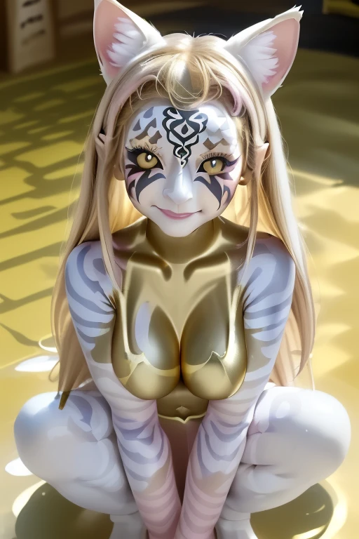 Hilichurl, Hilicostume, Hilichurl mask, white horned mask, mane, mask on face, long pointy ears, black skin, topless, bandaged arm, navel, brown skirt, skull ornament, bandaged legs, colored skin, blonde hair, witch hat, kirisame_marisa_touhou, colored skin