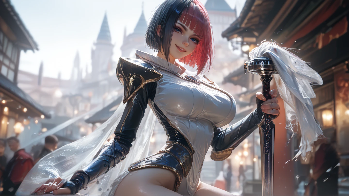 high quality,masterpiece,extremely detailed,high res,4k,ultra high res,detailed shadow,ultra realistic,realistic,dramatic lighting,1girl,solo,detailed face,realistic eyes,realistic skin,pink hair,dynamic pose, dynamic angle, white flowery dress, short hair cut,white background