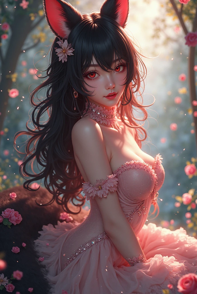 /imagine (Masterpiece, hdr, UHD)),best quality, (8k,hyper-detailed wallpaper,ultra-detailed, ultra absurdres, ultra aesthetic), really nice looking cosplay girl wearing a pink and white flower hat, 1girl, solo, dark skin, dark-skinned female, long hair, thighhighs, big breasts, curvy hips, perfect physique, perfect anatomy, perfect hands, flower, hat, gloves, braid, seductress, seducing the viewer, cleavage, black thighhighs, hair between eyes, black gloves, wide sleeves, cherry blossoms, leotard, hair ornament, black eyes, shining eyes, carnal demeanor, seductive smile, blowjob, cum gulping, bbc, cherry blossom skirt, Connie Maheswaran, Murakami teruaki,