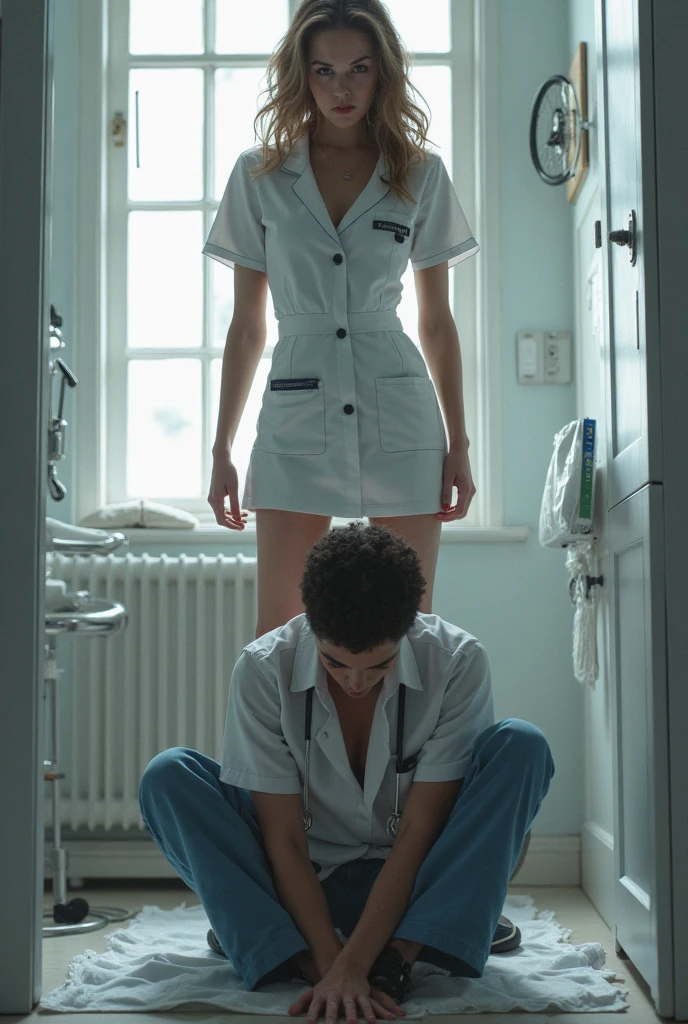 A photo of a laboratory with a bench covered in light blue tiles. There is a couple sitting on the bench, with their intertwined legs visible.
The male leg is slightly brown and hairy, while the female leg is white and delicate. There are two lab coats thrown on the floor. The laboratory is empty and dark.4k, details