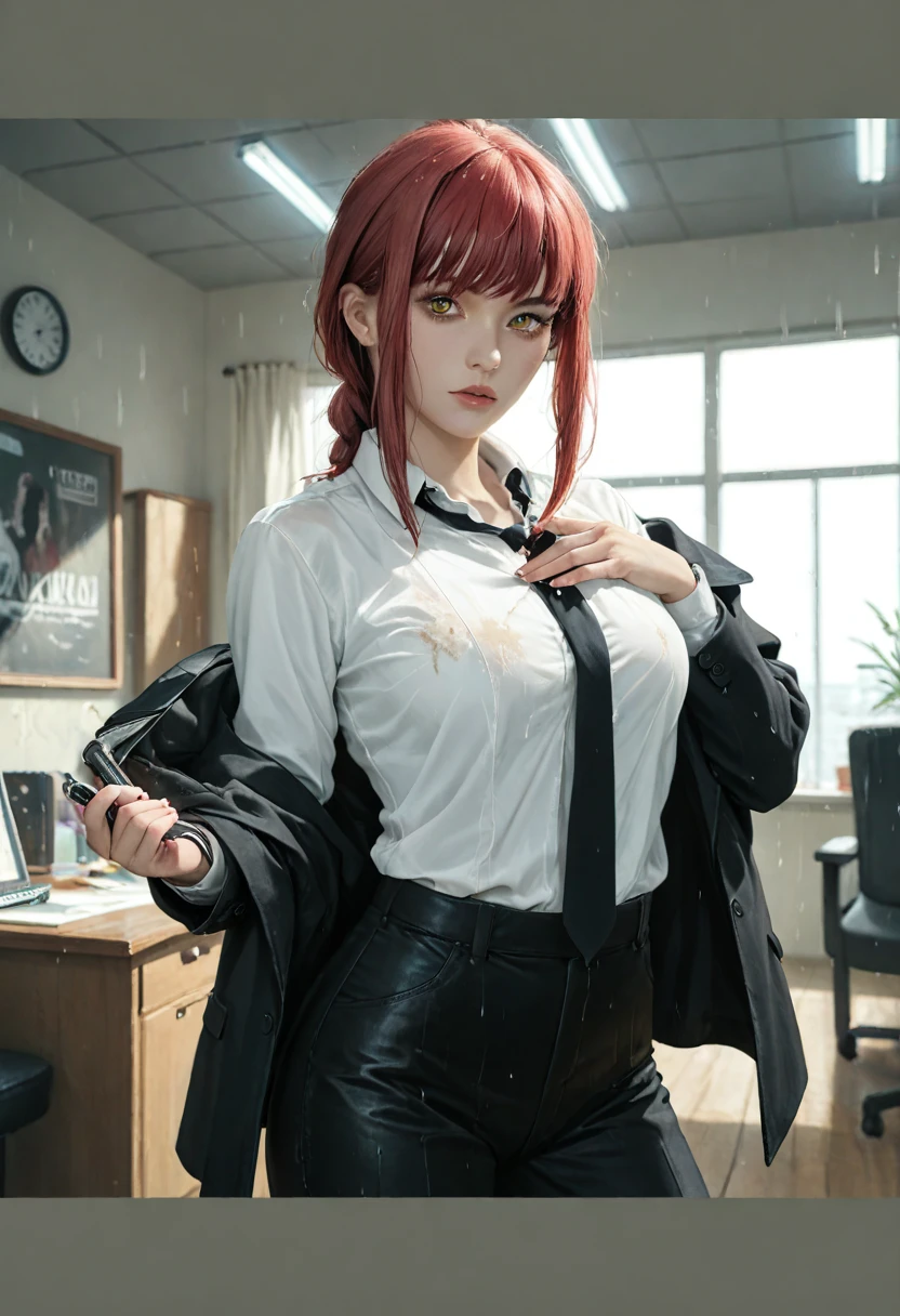 Makima、red hairs、white shirt、Black tie、realisitic、yellow eyes、Black pants、dark、barechested