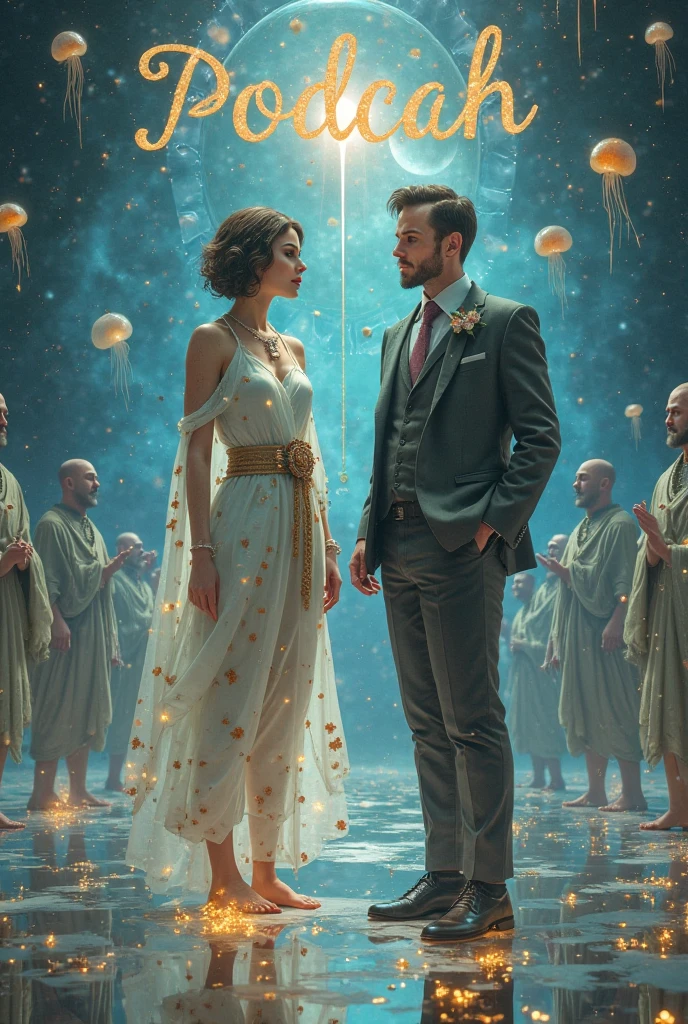 A dreamlike scene where two characters float above a sea of shattered