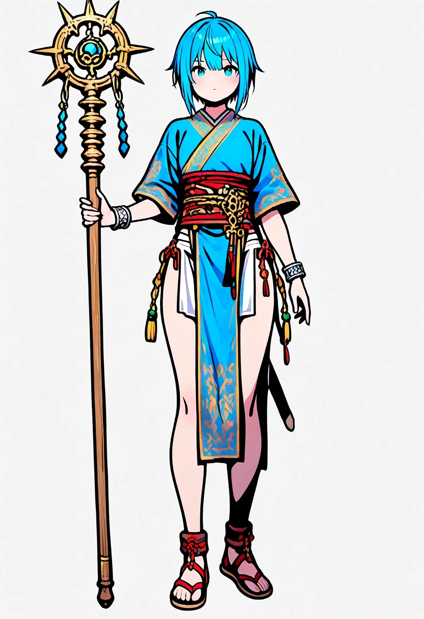 thick outlines, stylized anime-style illustration,  cel-shaded art style, high fantasy, , ,  portrait,simple flat artwork,
1girl, solo, white solid background, short blue hair, monk, thin cloth with divine motif patters, staff with gold accessory, silver bracelet,standing, front , glare at viewer, 