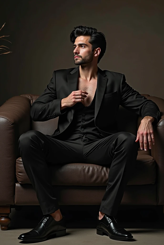 A handsome K-POP male star with strong abdominal and chest muscles,Wear black and black ,sit on the chair,?????? bulge,No shoes