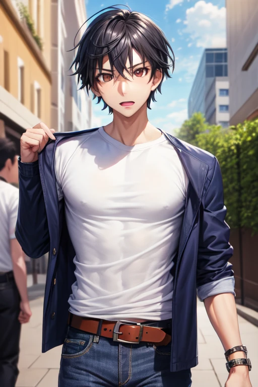 Detailed CG,Ultra-fine illustrations,masterpiece,highest quality,shiny skin,BREAK(28-year-old male:1.5)and(Black Short Hair)and(blue eyes)BREAK,(White T-shirt:1.5)and(jeans),(surprised:1.2)and(open mouth),(Biologically correct5Fingesurprised)and(missing fingers),The background is inside a coffee shop,from frot,dynamic pose,alone,upper body