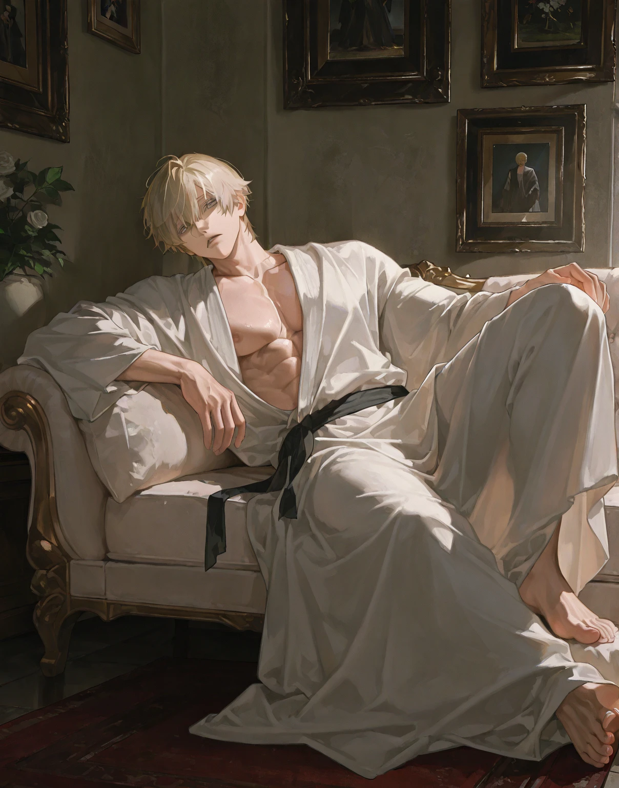 jake gillian, with open white shirt, and black thong underwear, laying in bed full body, blond buzzcut hair