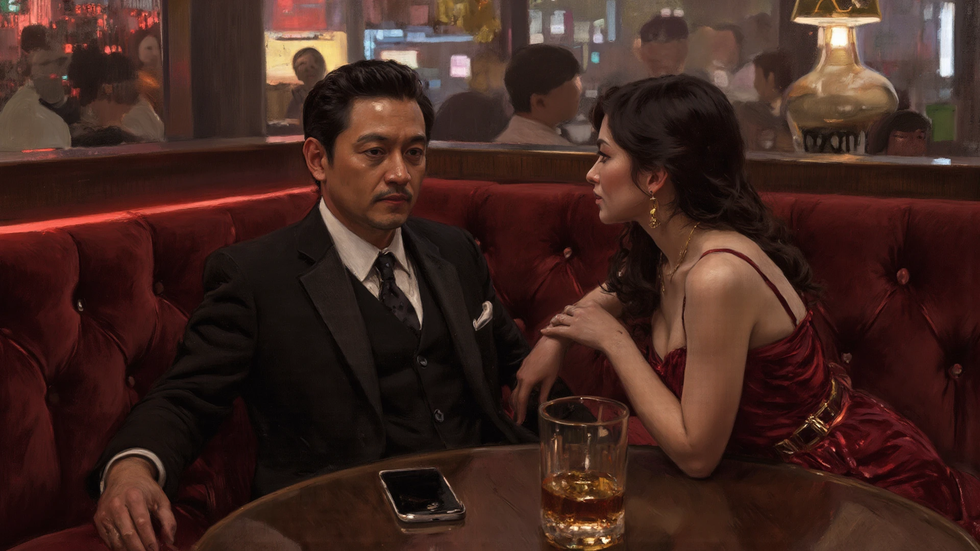 a woman with short curly hair, in a black and red gypsy outfit drinking wine from a glass glass and next to a man in a black top hat and black jacket with a black overcoat