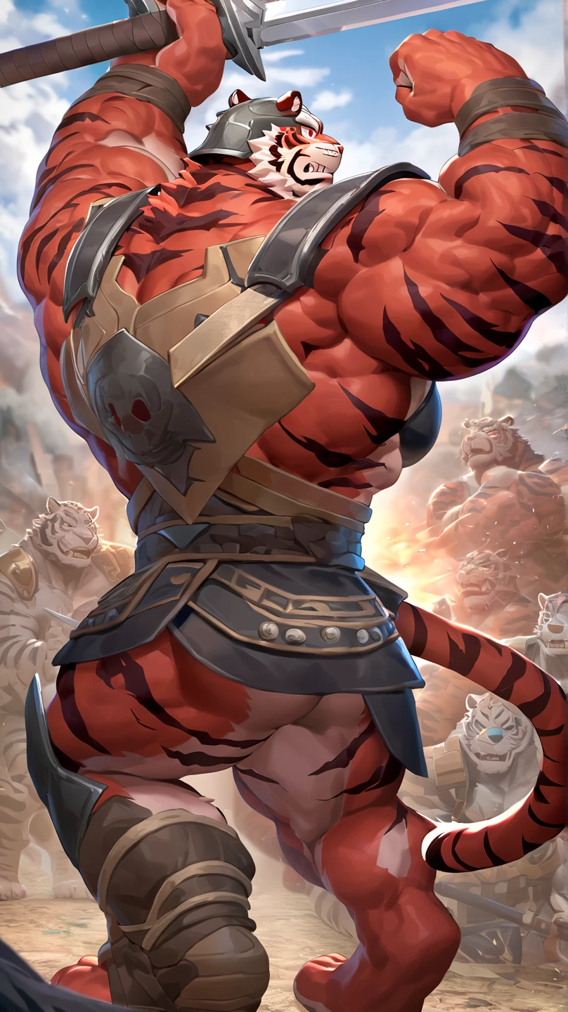 Top Quality, High-quality illustrations by Michelangelo, Flowing horse mane, inappropriate grin, Landscape, solo focus(Highly Detailed Beautiful Face and Eyes) absurdres, Perfect Anatomy ((Beastman, Solo Focus)) (Anthro: 1.7) ((Horse Facial Features, Horse Body Features)) (Dense and Detailed Muscles)) Full Body (((Fighting Pose, battle, jumping))) Armor, Medieval Warrior,
