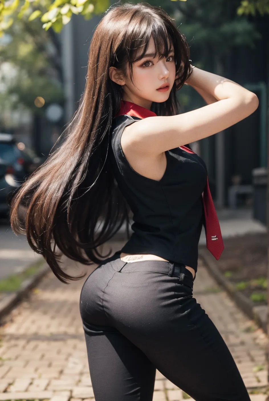 1girl,perky breasts,semi-long hair,deep black hair,straight hair,expressionless,looking back,mouth mask,perfect eyes,blue eyes,groomed eyebrows,
BREAK ,cardigan,tartan check skirt,frilled panties,upskirt,from below,
BREAK from behind,dutch angle,outdoor,station,escalator,((depth of field,portrait)),
BREAK score_9,source_anime,rating_explicit,uncensored,