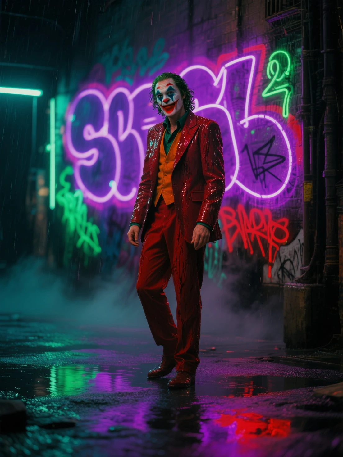 joker in the rain with a red and white outfit, 4k concept art and hyper realism, hyper real render, 8k render”, cgsociety uhd 4k highly detailed, 3d render trending on artstation, photorealistic dark concept art, trending on art station 4k, horror cgi 4 k, 3 d render character art 8 k, hyperrealistic concept art--Shot with Canon EOS Rebel T7, Manual mode (M), shutter speed of 8-15 seconds, aperture f/8.8, ISO 200. Shot with Canon EOS Rebel T7, Manual mode (M).