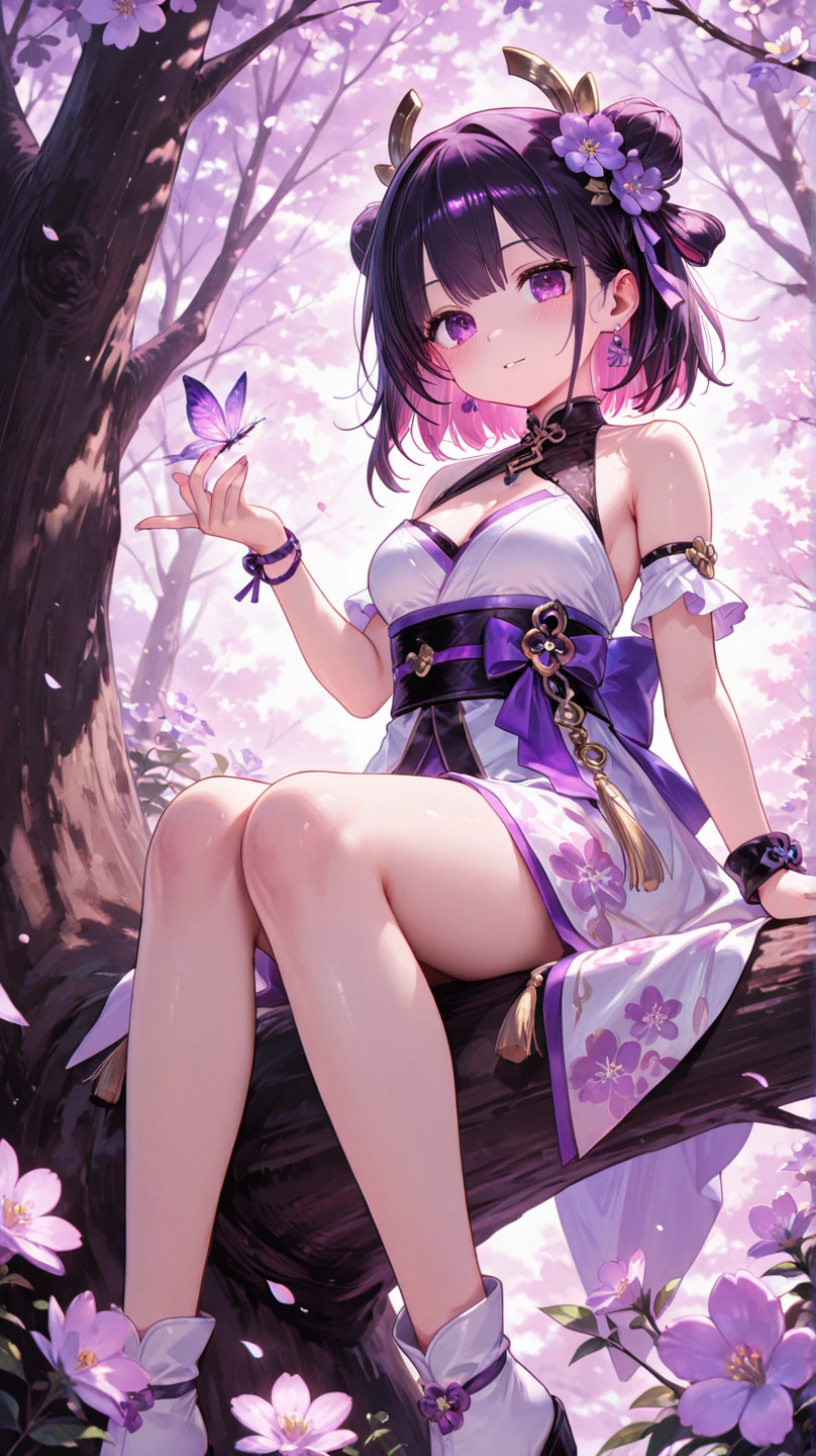 Brunette beauty,wearing camisole,Pink purple short skirt,Brown cape,Bare legged,Wear a circle of flowers and plants on your head,Short brunette hair,Wear white hairpins,Stand among the sunny mountains and forests,With a bright and healing smile,Reach for the camera,Blue-purple high heels,Ruddy complexion,one eye wink,Wear a large bow on your head,Best quality at best,tmasterpiece