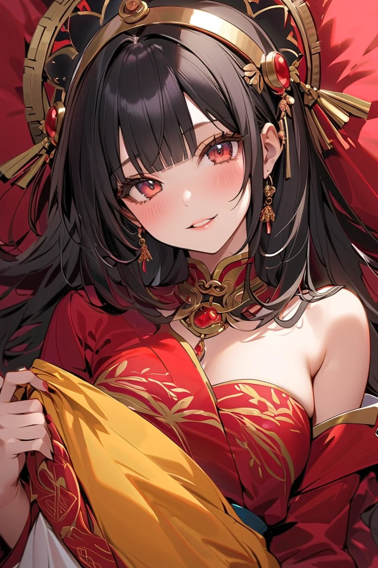 ((Mate Peace)), ((Up)), (Girl: 1.2), (Big breasts), (Black hair, short cut: 1.3), (Cute pose: 1.2), Plump and glossy lips, beautiful clear eyes, (Vest (Smile), Spoken Heart, (Perfect Hand: 1.2), (Red Theme: 1.4), (With Oiran: 1.3), (Maxi-length black kimono [with gold]) Obi: 1.4), (Delicate gold embroidery) Flashy Pattern: 1.3), (Off shoulder: 1.4), (Clogs: 1.2), (Flashy hair ornament: 1.3), (Super huge ribbon in front: 1.2), Waist: 1.3), Low angle shot, (Enchanting light ), Moonlight: 1.4), Fire swirls and filigree, Rainbow colored bubbles, Fantastic sparkles, Magical hologram glow, Flame effects, Must-have, Top quality, Super detail, Masterpiece,