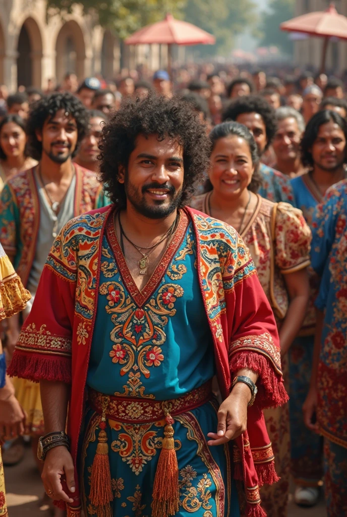 30-year-old guy with brown curls down to his neck, hippie style, He is watched by his entire family, He wears extravagant clothing and is very sexy